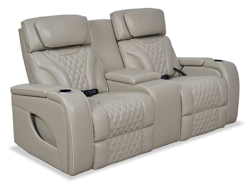 Elite 74\" Genuine Leather Massage Power Reclining Loveseat with Power Headrests and Storage Arms - Putty