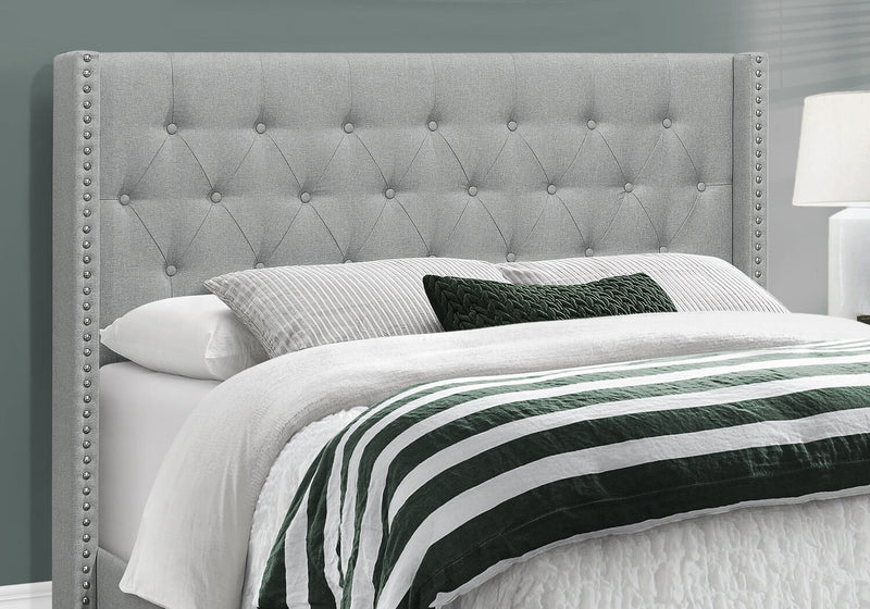 Portia Upholstered Wingback Bed in Grey Fabric with Nailhead Design, Button Tufted - Queen Size