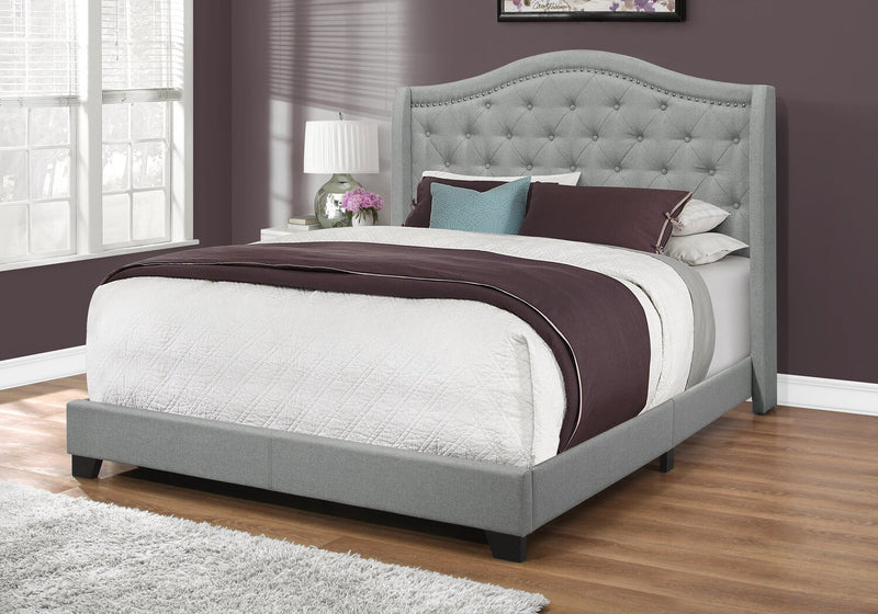 Penelope Upholstered Wingback Bed in Grey Fabric with Nailhead Design, Button Tufted - Queen Size