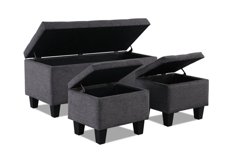 Kai 19.5\" 3-Piece Storage Ottomans - Grey Linen-Look