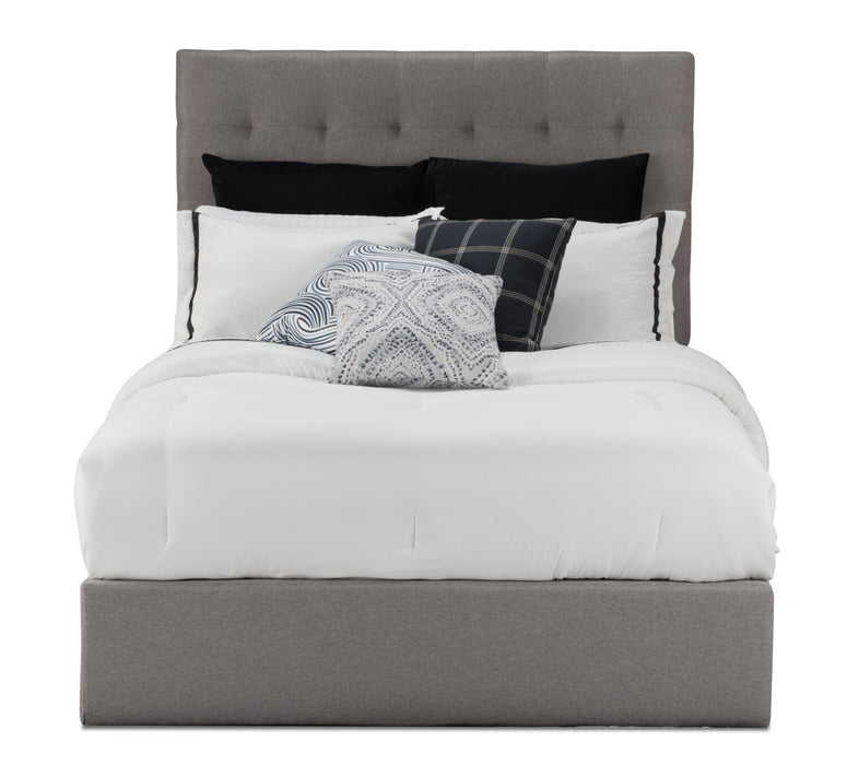 Jace Upholstered Storage Platform Bed in Taupe Fabric, Tufted - Full Size