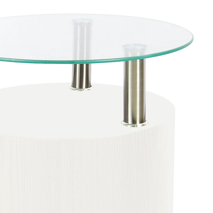 Savon  17.72\" Modern Round Glass Top End Table with Shelf - White Wood and Chrome 