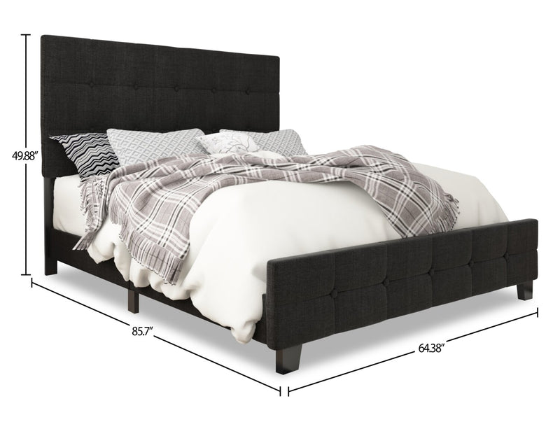 Page Upholstered Bed in Charcoal Linen-Look Fabric, Button Tufted - Queen Size