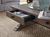 Tinley Park 50" Traditional Coffee Table with Storage and Shelf - Grey-Brown Pine with Scroll Design Base|Table à café traditionnelle Tinley Park de 50 po avec rangement et tablette - pin gris-brun avec base à volutes