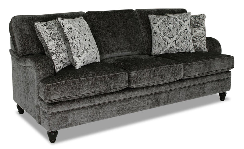 Made in Canada Bellmont 89\" Chenille Fabric Sofa with Reversible Cushions and Wood Legs - Charcoal Grey