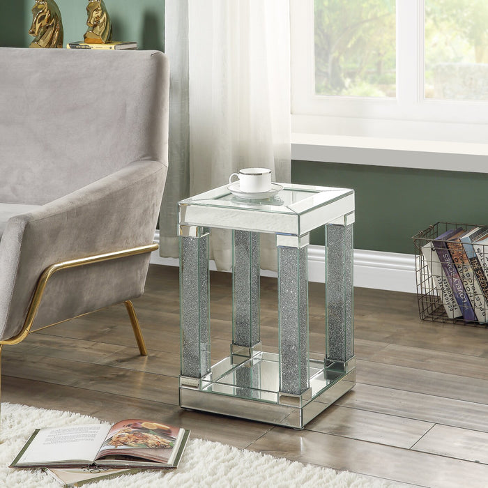Berni 12\" Glam Mirror & Glass Top Chairside Table with Shelf - Silver Metal with Diamond Look Legs