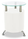 Savon  17.72\" Modern Round Glass Top End Table with Shelf - White Wood and Chrome 