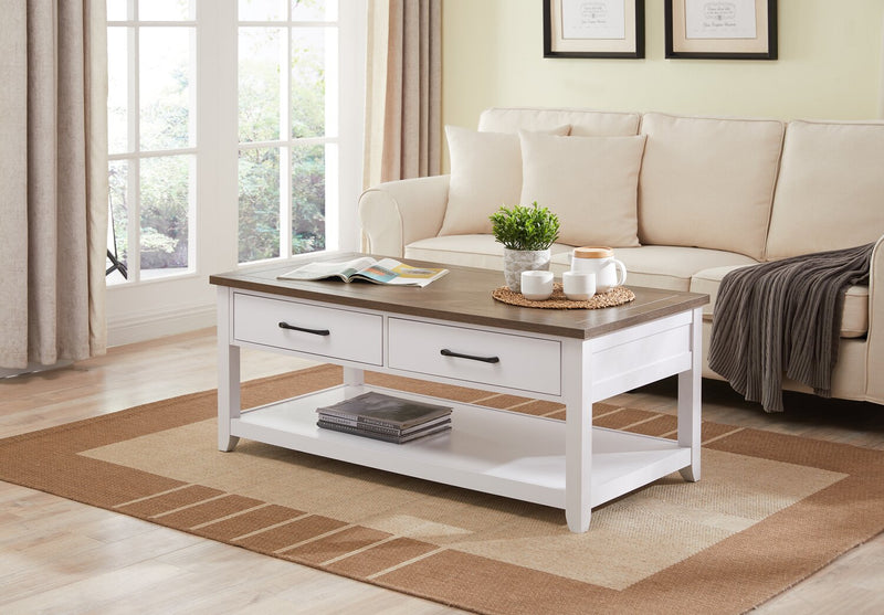 Kort & Co. Logan 47.25\" Traditional Coffee Table with Storage and Shelf - White and Walnut Oak 
