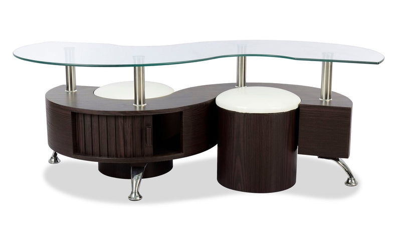 Savon  52.5\" Modern S-shaped 3-Pack Coffee + 2 Ottomans with Storage and Shelf - Dark Walnut Wood and Chrome 
