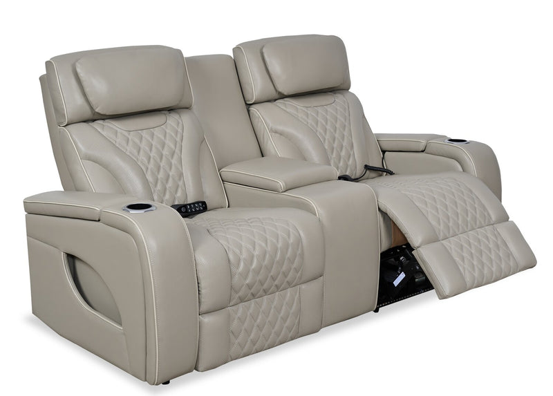 Elite 74\" Genuine Leather Massage Power Reclining Loveseat with Power Headrests and Storage Arms - Putty
