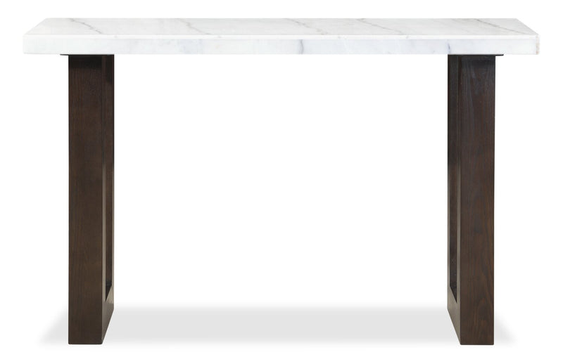 Silvia 48\" Modern Sofa Table - White and Grey Marble Look with Brown Wood Legs