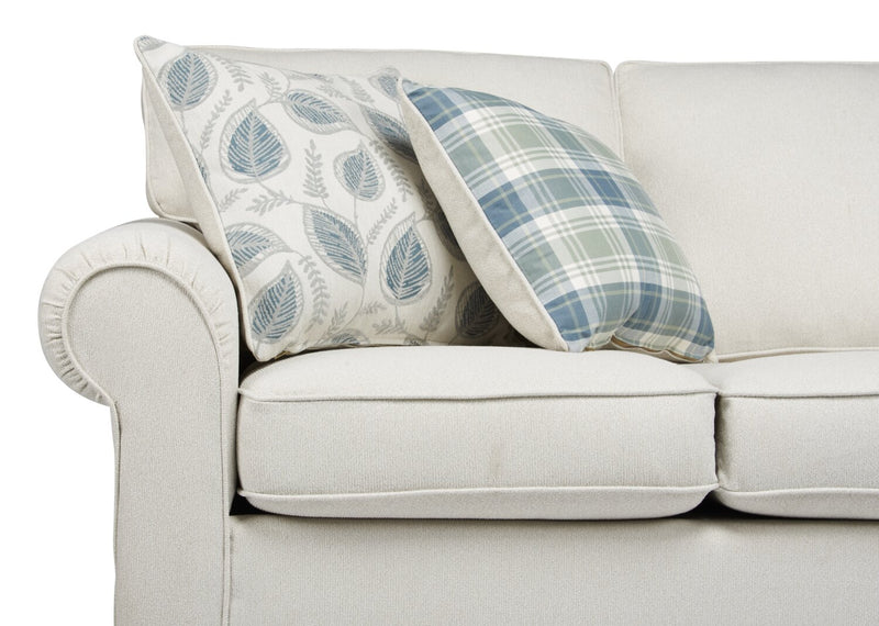 Made in Canada Scarlett 87\" Chenille Fabric Sofa with Rolled Arms and Accent Pillows - Ecru Beige