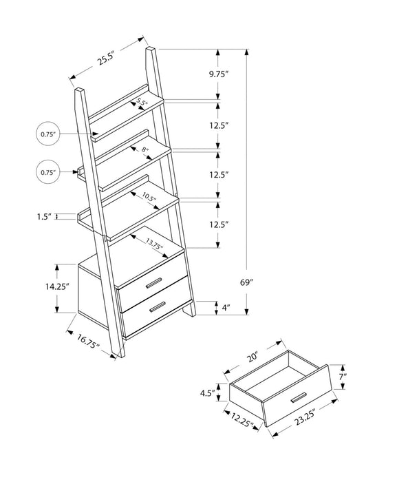 Ronan 25.5\" Ladder Bookcase with Open Shelves & 2-Drawers - White