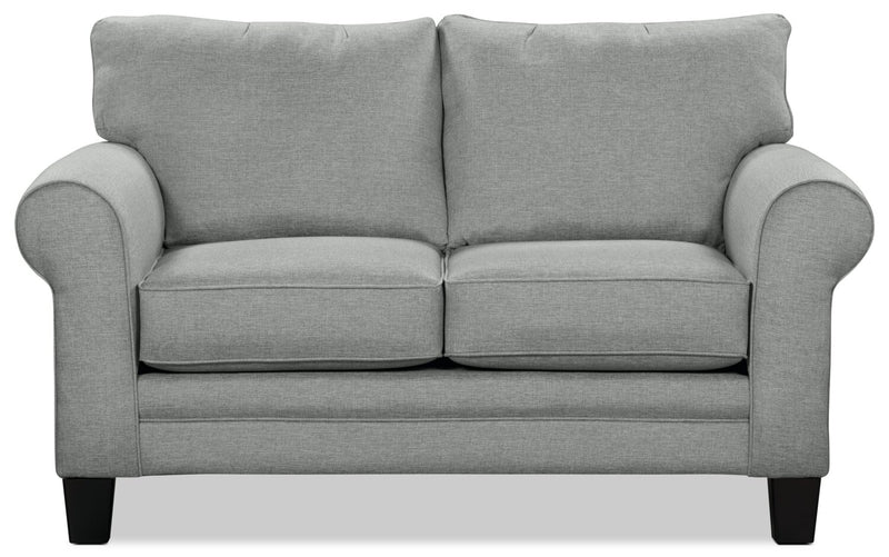 Made in Canada Tula 65\" Fabric Loveseat with Rolled Arms and Accent Pillows - Mist Grey 