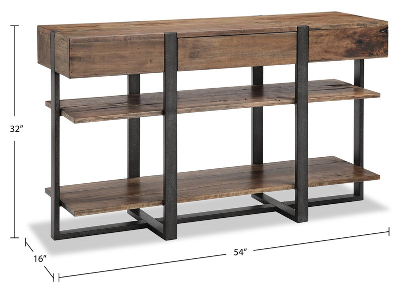 Manchester 54\" Modern Sofa Table with Storage and Shelf - Brown Wood with Iron Base
