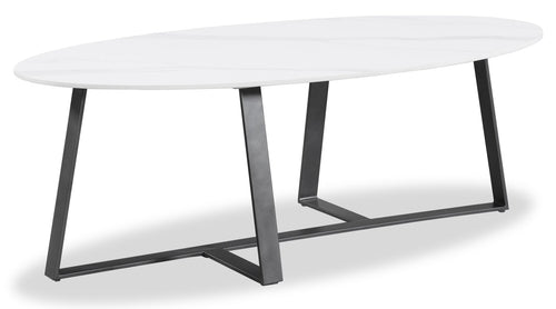 Kort & Co. Nico 51" Modern Oval Coffee Table - White Sinetered Stone with Dark Grey Metal Legs