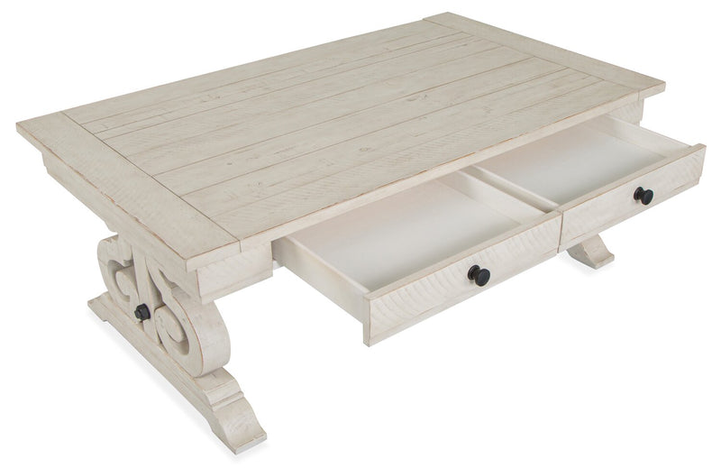 Bronwyn 50\" Traditional Coffee Table with Storage - Alabaster Pine with Scroll Design Wood Base
