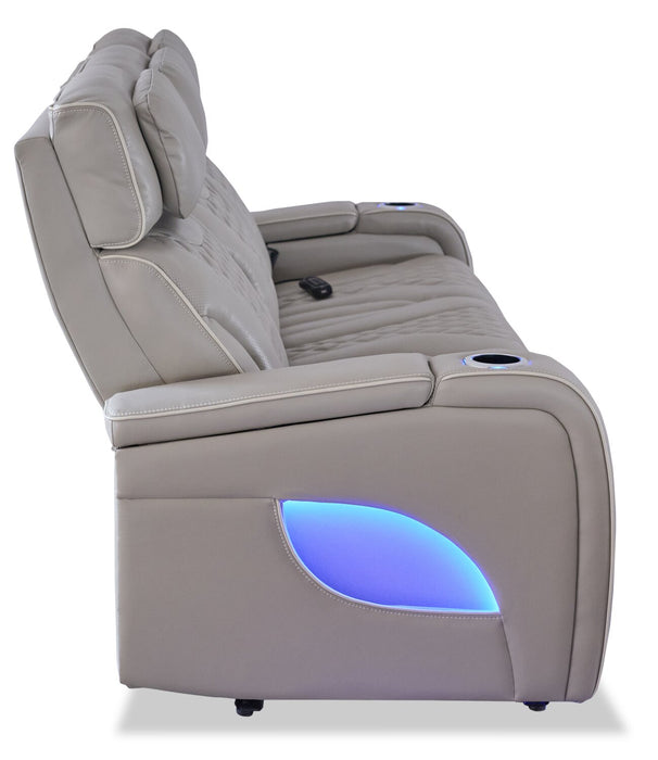 Elite 86\" Genuine Leather Massage Power Reclining Sofa with Power Headrests and Storage Arms - Putty