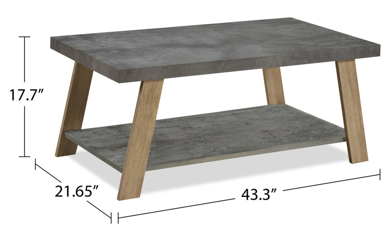 Kelly 43.3\" Modern Coffee Table with Shelf - Grey Stone Top with Light Wood Legs