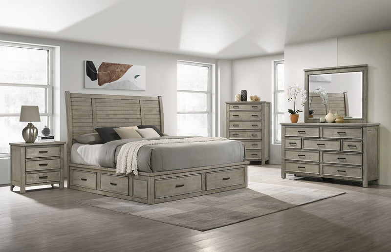 Levi Platform Storage Bed with Headboard & Frame, Wooden, Drift Grey - Queen Size