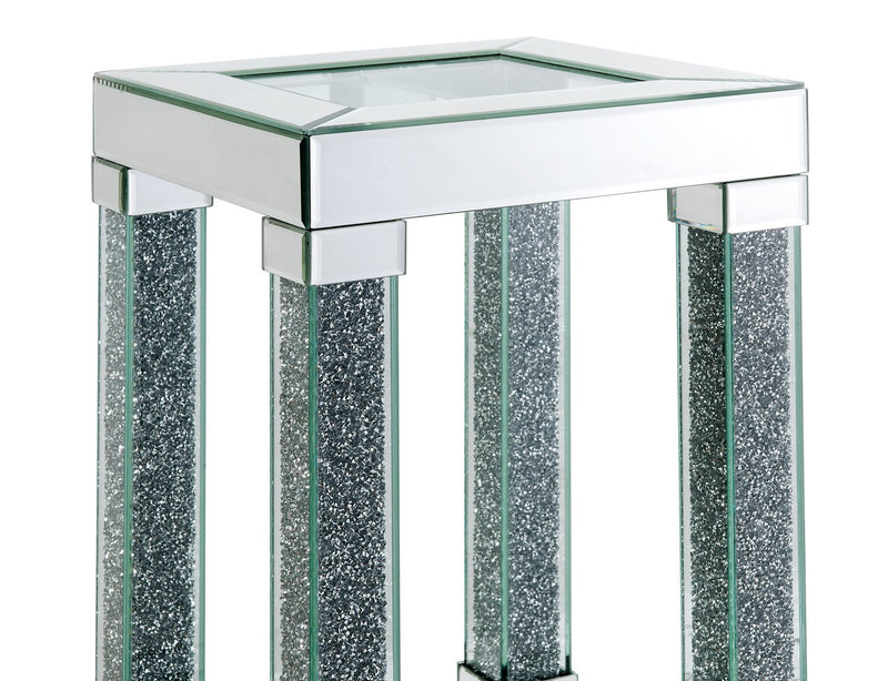 Berni 12\" Glam Mirror & Glass Top Chairside Table with Shelf - Silver Metal with Diamond Look Legs