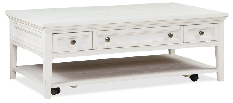 Heron Cove 50\" Traditional Coffee Table With Storage, Shelf and Casters - White Pine
