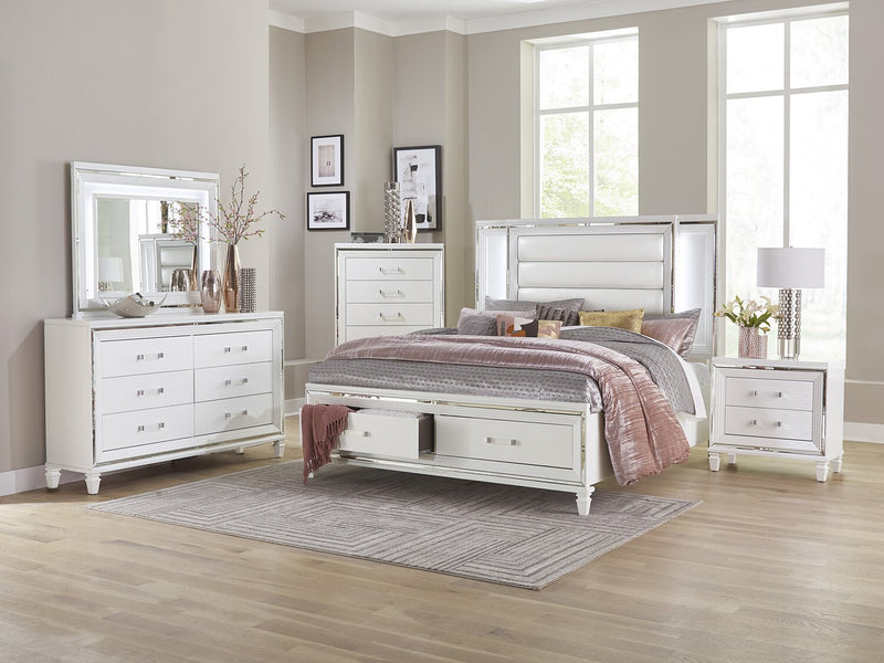Max 6pc Bedroom Set with Storage Bed, Dresser, Mirror & Nightstand, LED, Glam, White - King Size