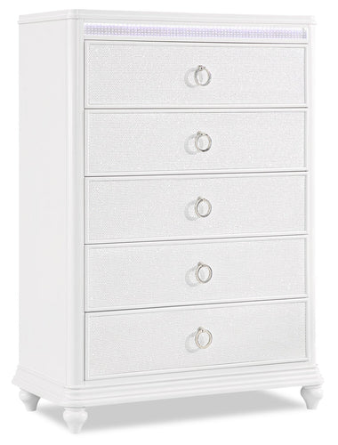 Ava Bedroom Chest of Drawers with LED Light, 5-Drawer, 40.5"W x 54.1"H, Glam - White 