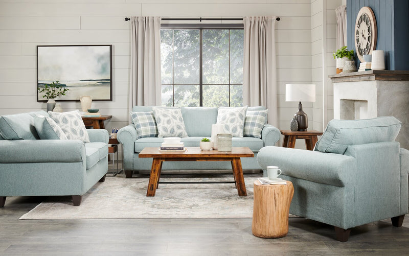 Made in Canada Scarlett 87\" Chenille Fabric Sofa with Rolled Arms and Accent Pillows - Marine Blue