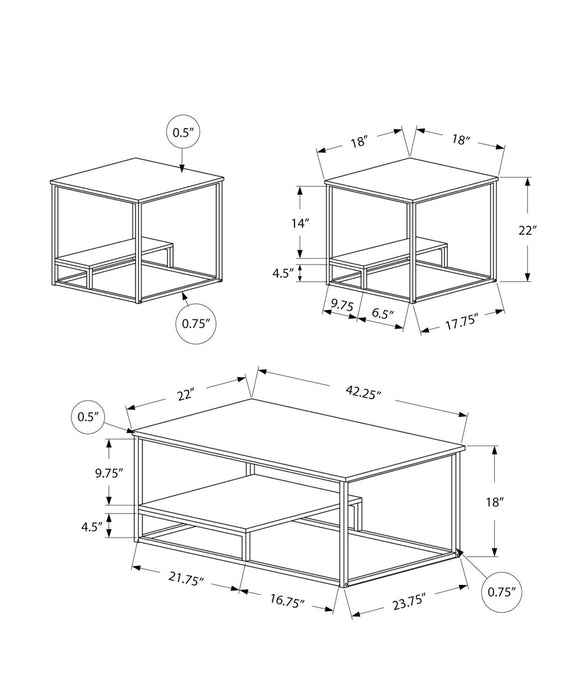 Jules 42.25\" Modern 3-Pack Coffee + 2 End Tables with Shelf - Dark Taupe with Black Metal Frame