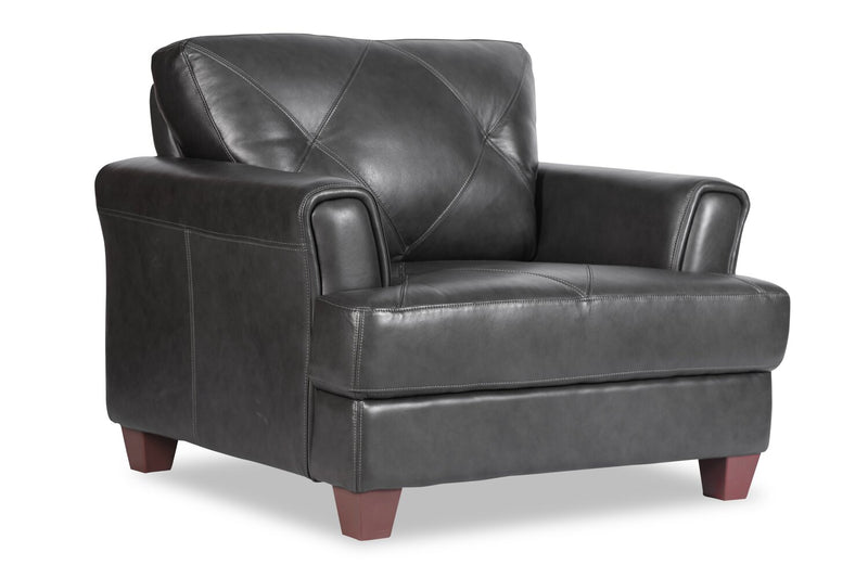 Chateau d'Ax Vita 44\" 100% Genuine Leather Chair with Diamond Pattern Stitching and Wood Legs - Charcoal Grey