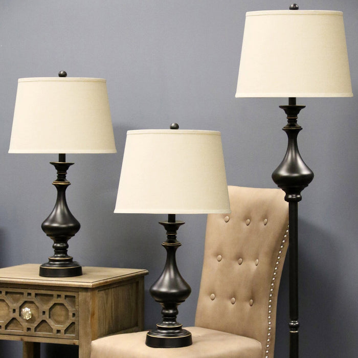 Julia Traditional Antiqued-Bronze 3-Piece Set, Floor and Two Table Lamps