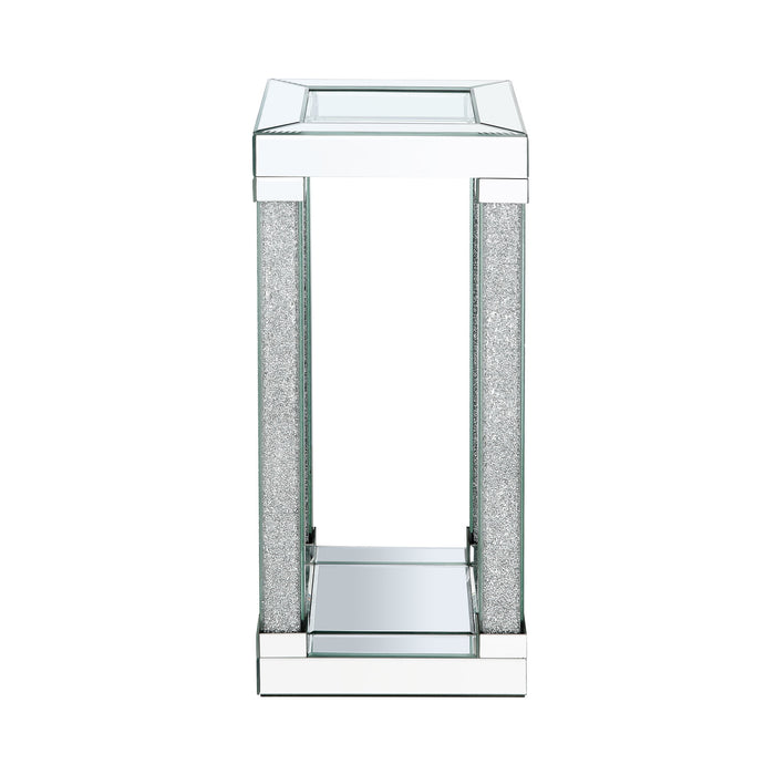 Berni 12\" Glam Mirror & Glass Top Chairside Table with Shelf - Silver Metal with Diamond Look Legs