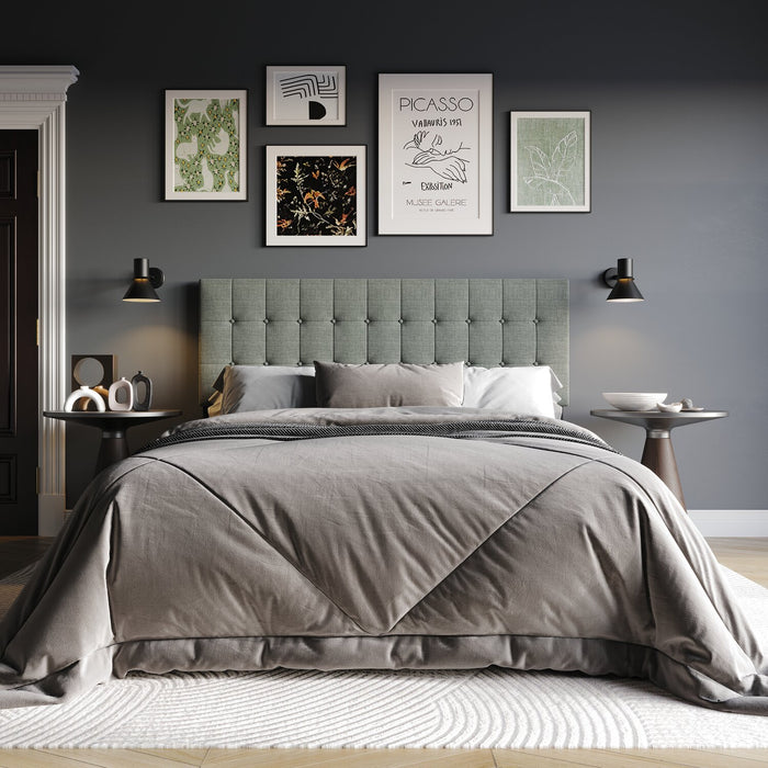 Ellis Upholstered Headboard in Grey Fabric, Button Tufted - Full Size