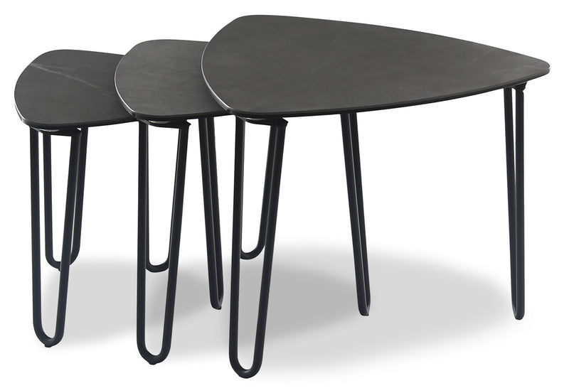 Hamilton 22\" Modern Triangular 3-Pack Nesting Tables - Grey Marble Look Top with Black Metal Legs