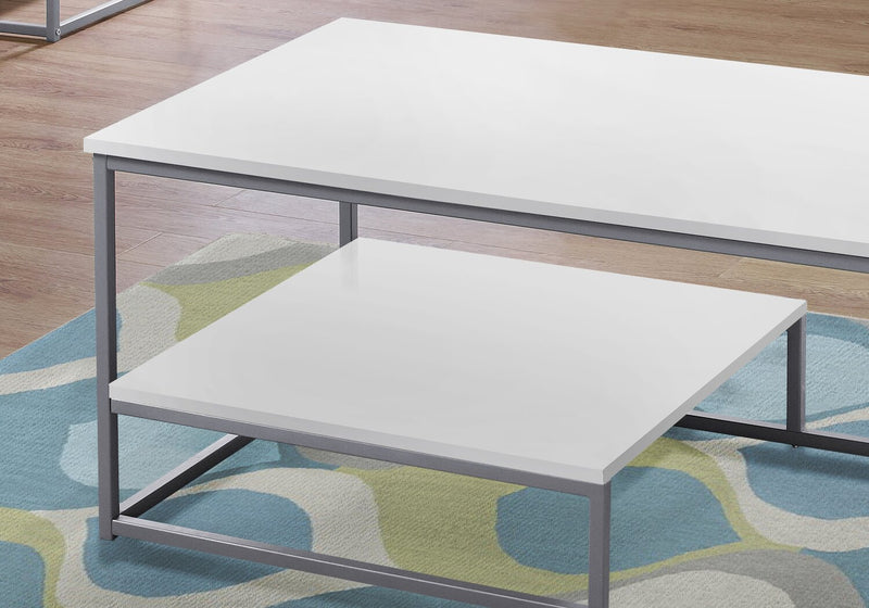 Jules 42.25\" Modern 3-Pack Coffee + 2 End Tables with Shelf - White with Grey Metal Frame