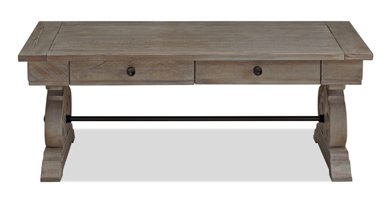Tinley Park 50\" Traditional Coffee Table with Storage and Shelf - Grey-Brown Pine with Scroll Design Base
