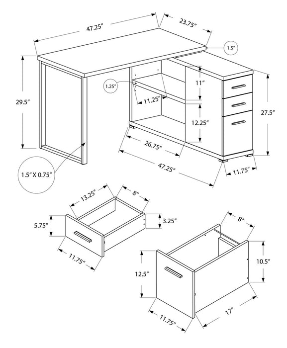 Milo 47.25\" L-Shaped Adjustable Office Desk with 3-Drawers & Open Shelves - White