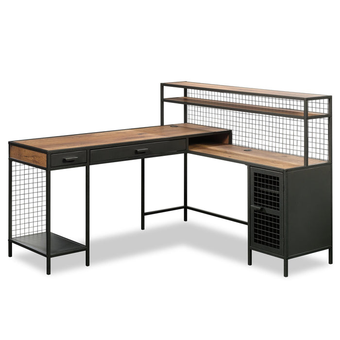 Tayla 60.67\" L-Shaped Office Desk with 2-Drawers & Cabinet - Vintage Oak & Black