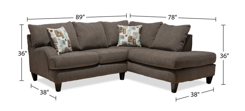Made in Canada Nofia 2-Piece Right-Facing Chenille Fabric Sectional with  Accent Pillows and Wood Legs - Charcoal Grey