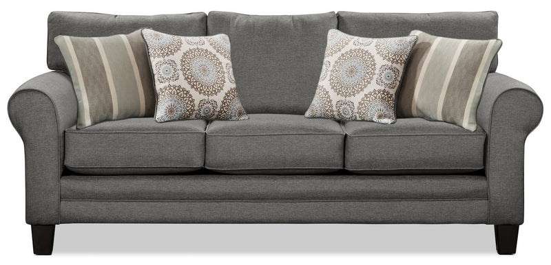 Made in Canada Tula 88\" Fabric Sofa with Rolled Arms and Accent Pillows - Steel Grey