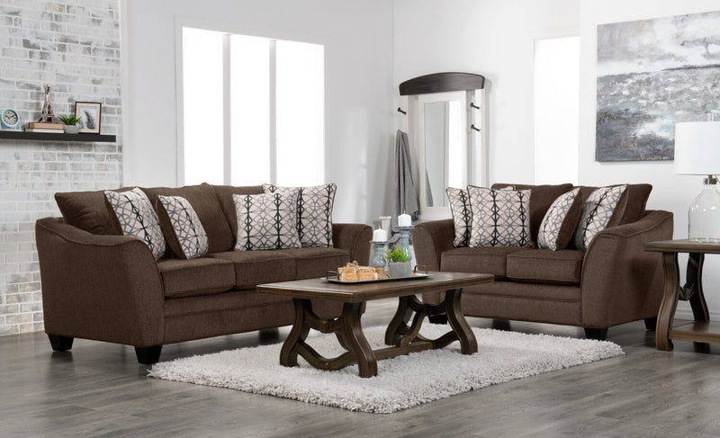 Made in Canada Febe 85\" Chenille Fabric Full-Size Condo Sofa Bed with Flared Arms and Accent Pillows - Brown