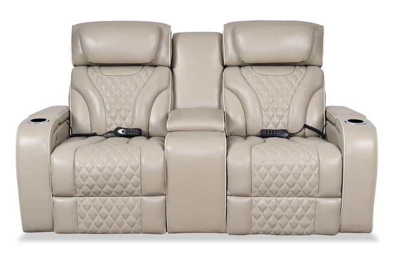 Elite 74\" Genuine Leather Massage Power Reclining Loveseat with Power Headrests and Storage Arms - Putty