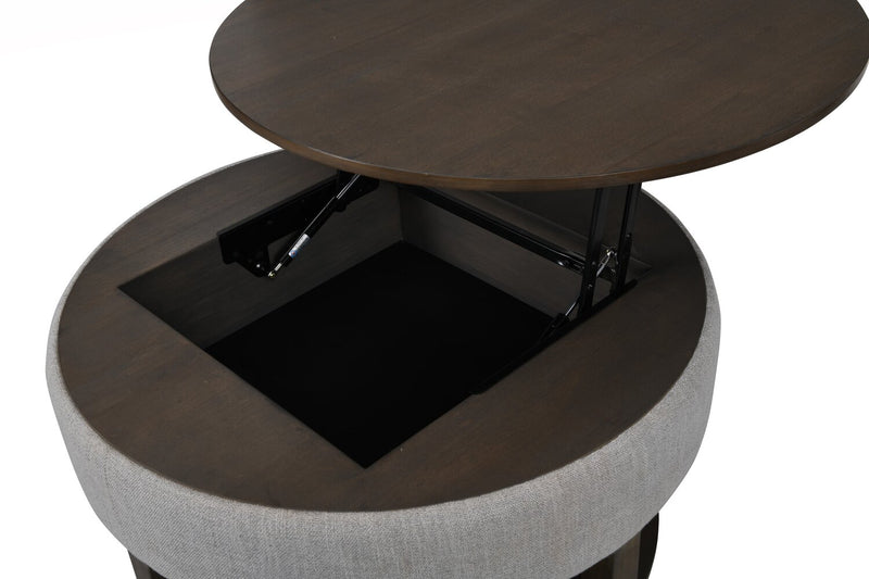 Elroy 33\" Rustic Round Lift Top Coffee Table With Storage, Shelf and Casters - Brown and Grey with Fabric Edge