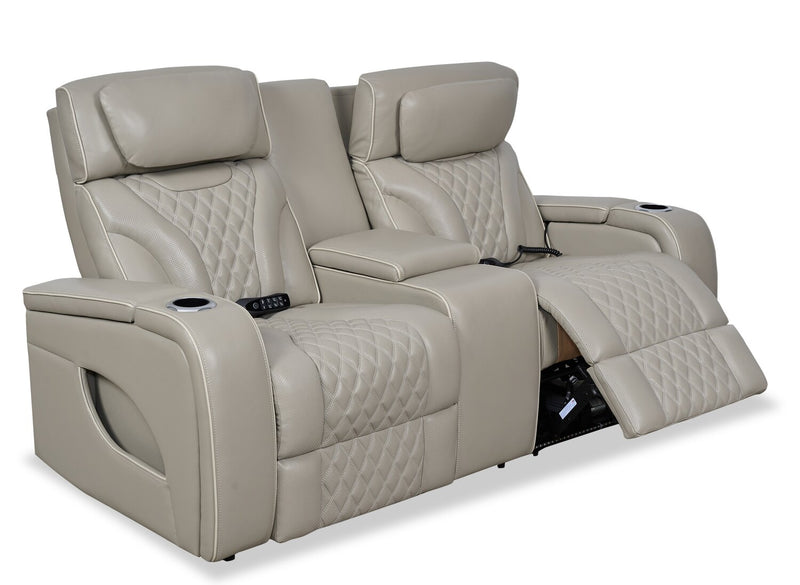 Elite 74\" Genuine Leather Massage Power Reclining Loveseat with Power Headrests and Storage Arms - Putty