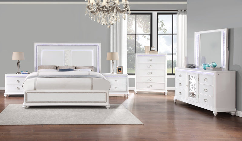 Ava Bedroom 7-Drawer Dresser with LED Light, 67\"W x 39\"H, Glam - White
