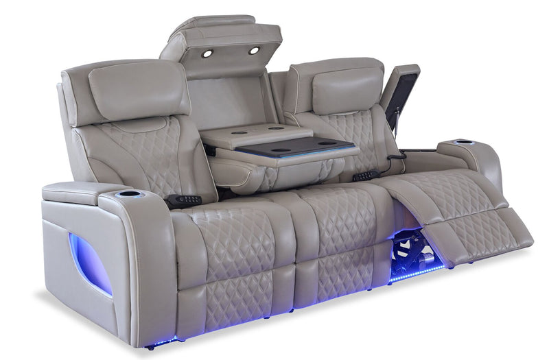 Elite 86\" Genuine Leather Massage Power Reclining Sofa with Power Headrests and Storage Arms - Putty