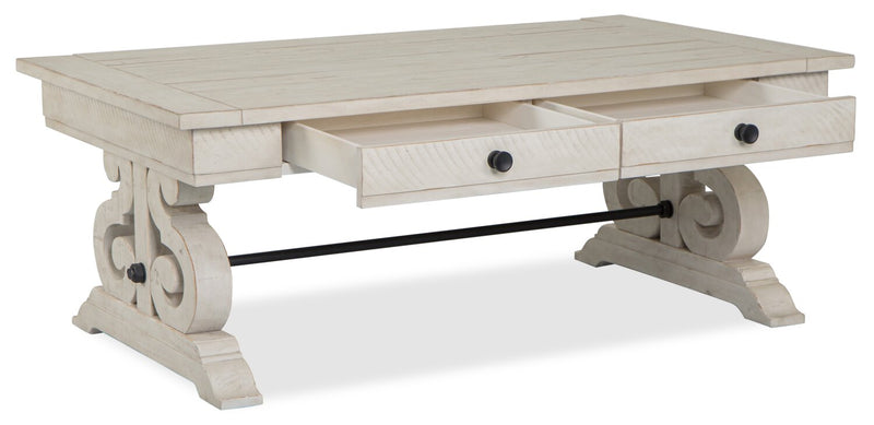 Bronwyn 50\" Traditional Coffee Table with Storage - Alabaster Pine with Scroll Design Wood Base