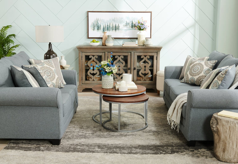Made in Canada Tula 88\" Fabric Sofa with Rolled Arms and Accent Pillows - Steel Grey