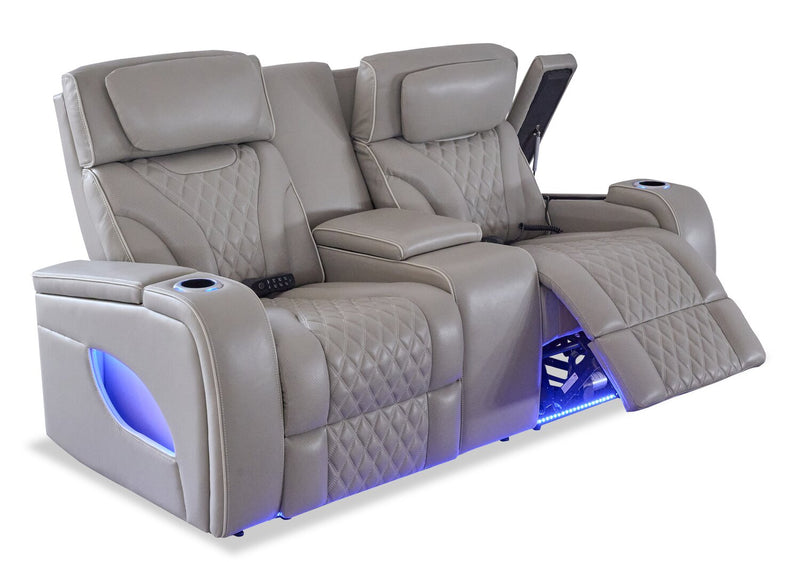 Elite 74\" Genuine Leather Massage Power Reclining Loveseat with Power Headrests and Storage Arms - Putty